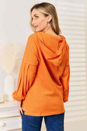 Side Slit Buttoned Waffle Knit Hoodie in orange