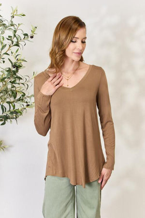 Zenana Long Sleeve V Neck Top Camel