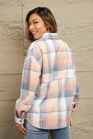 Plaid Flannel Dropped Shoulder Shacket Pink/Blue