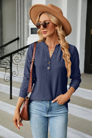 Notched Neck Textured Long Sleeve Buttoned Blouse - 8 colors