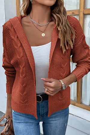 Cable Knit Dropped Shoulder Hooded Hip length Cardigan - 6 colors