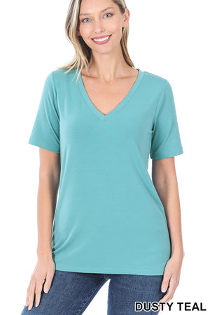 Short Sleeve V Neck relaxed Tee - Poly Rayon Spandex by Zenana