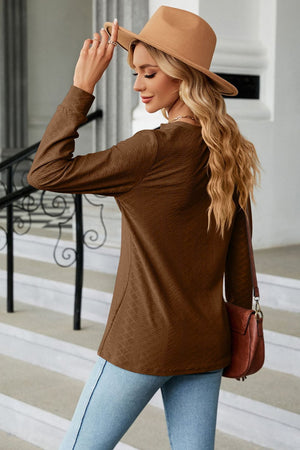 Notched Neck Textured Long Sleeve Buttoned Blouse - 8 colors