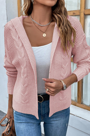 Cable Knit Dropped Shoulder Hooded Hip length Cardigan - 6 colors