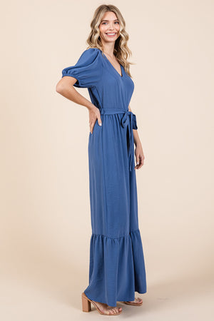 V Neck Belted Wide Leg Jumpsuit in Denim Blue