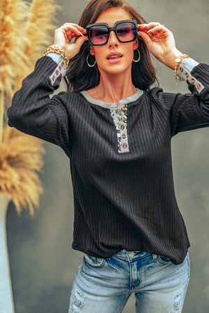 Contrast Ribbed Long Sleeve Henley Top