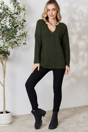 BiBi Notched Popcorn Waffle Long Sleeve Top Olive