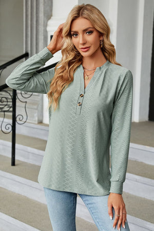 Notched Neck Textured Long Sleeve Buttoned Blouse - 8 colors