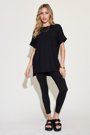 Zenana Short Sleeve Buttery Soft Slit T-Shirt and Leggings Set Black