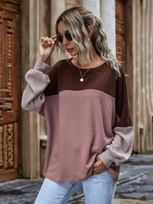 Color Block Waffle-Knit Long Sleeve Top - 3 colors