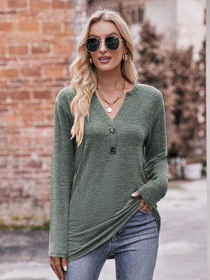 Buttoned Notch Neck Long Sleeve Top - 6 colors