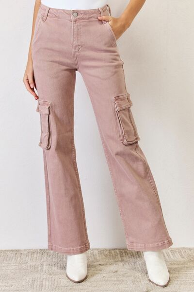 RISEN High Rise Cargo Wide Leg Jeans Mauve