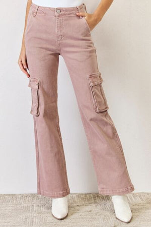 RISEN High Rise Cargo Wide Leg Jeans Mauve