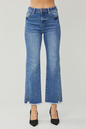 RISEN High Waist Front Seam Raw Hem Slit Straight Leg Jeans