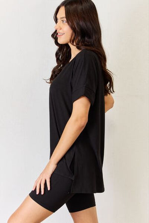 Zenana V Neck Short Sleeve Slit T-Shirt and Shorts Set Buttery Soft Black