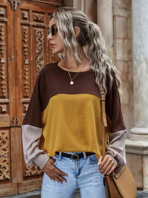 Color Block Waffle-Knit Long Sleeve Top - 3 colors