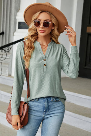 Notched Neck Textured Long Sleeve Buttoned Blouse - 8 colors