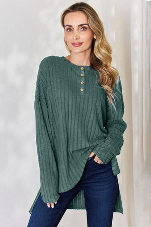 Basic Bae Ribbed Half Button Long Sleeve High-Low Top - 5 colors