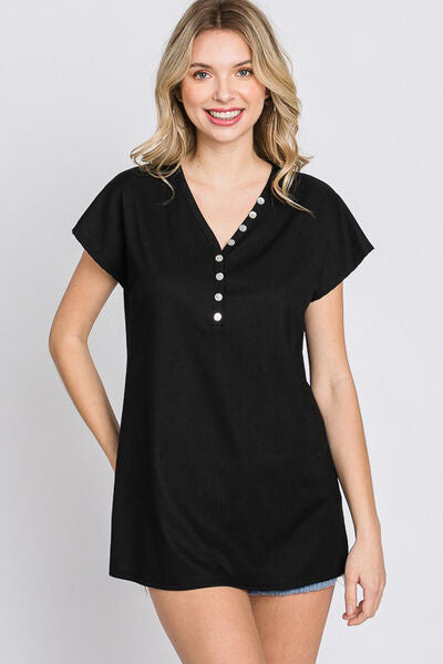 Front Button V-Neck Short Sleeve Top Black