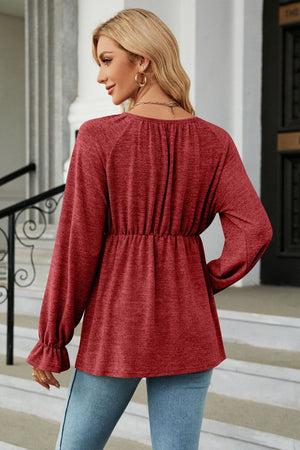 Round Neck Flounce Sleeve Peplum Blouse - 6 colors