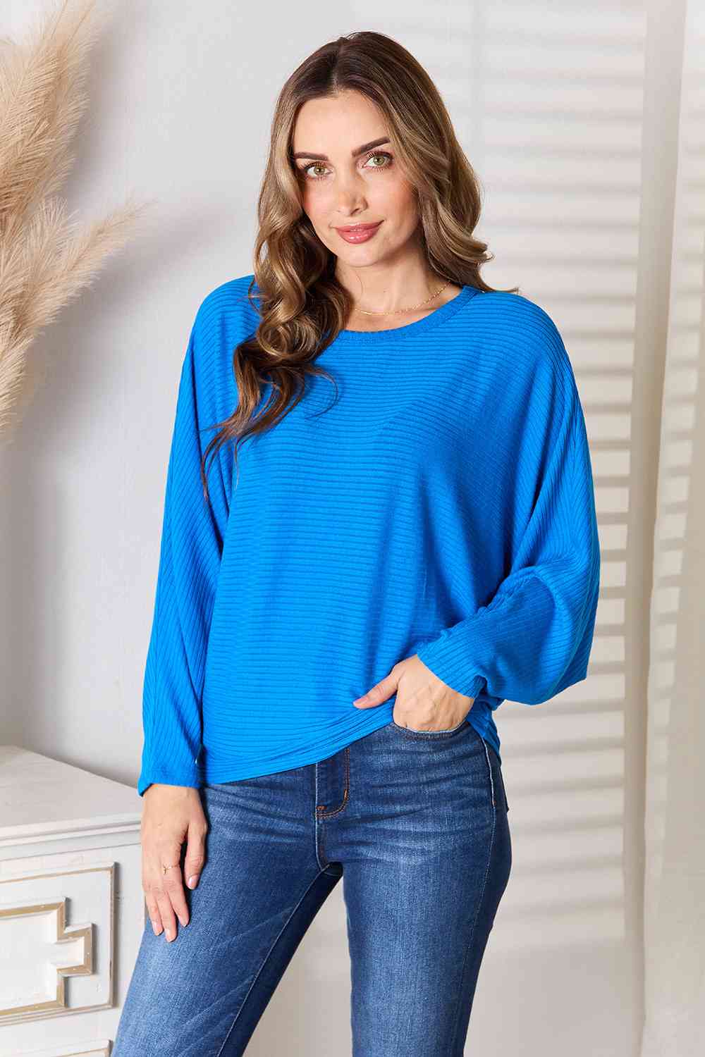 Zenana Round Neck Batwing Sleeve Blouse Cobalt Blue