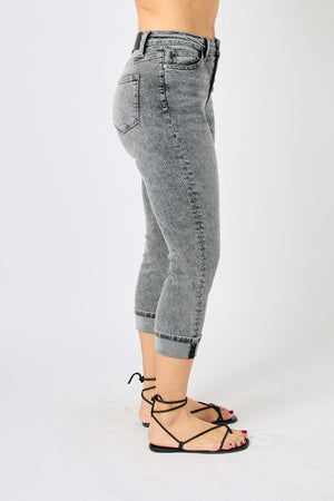 Judy Blue High Waist Button Fly Cuffed Capris in Gray