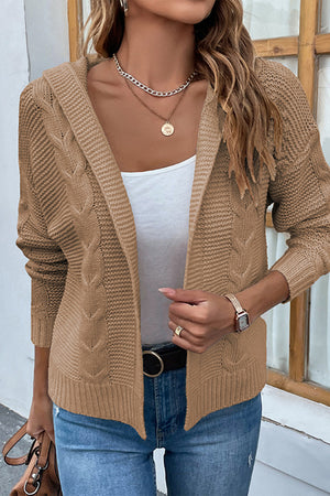 Cable Knit Dropped Shoulder Hooded Hip length Cardigan - 6 colors