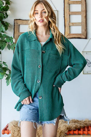 Striped Button Up Long Sleeve Shacket Hunter Green