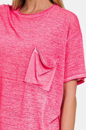 Zenana Pocketed Round Neck Dropped Shoulder T-Shirt in Fuchsia
