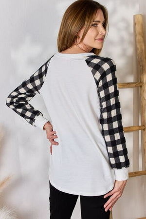 Hailey & Co Plaid Raglan Sleeve Round Neck Blouse