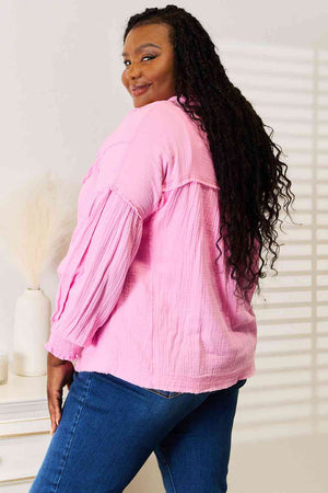 Exposed Seam Buttoned Notched Neck Blouse in Pink