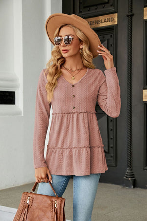 Long Sleeve V Neck Cable Knit Peplum Blouse - 9 colors