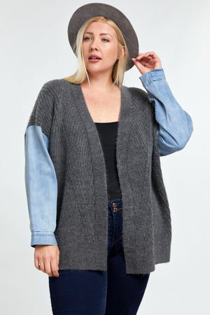 Oversize Sweater Cardigan with Denim Sleeve