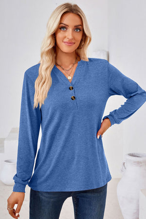 V Neck Buttoned Long Sleeve Blouse - 7 colors