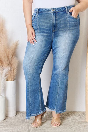 RISEN High Rise Front Seam Uneven Hem Ankle Flare Jeans