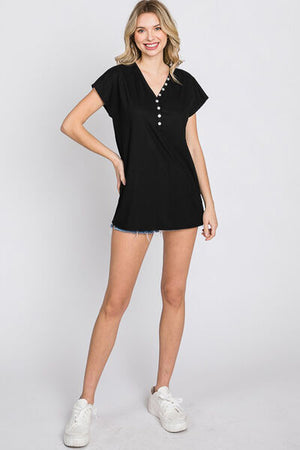 Front Button V-Neck Short Sleeve Top Black