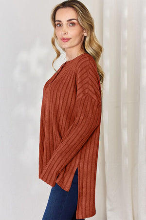 Basic Bae Ribbed Half Button Long Sleeve High-Low Top - 5 colors