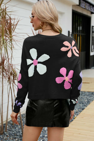 Floral Dropped Shoulder Ribbed Trim Sweater - 2 colors