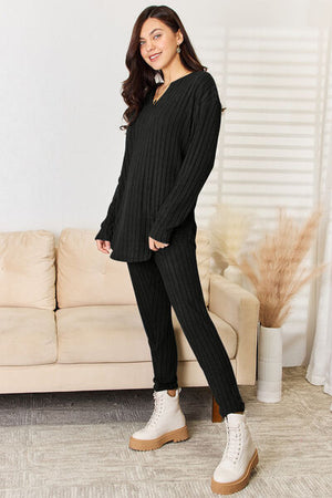 Notched Long Sleeve Top and Pants Set - 3 colors