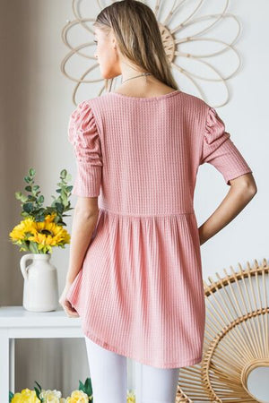 Waffle Knit V-Neck Babydoll Top in Rose