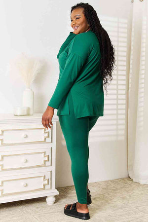 Zenana Lazy Days Long Sleeve Top and Leggings Set Dark Green