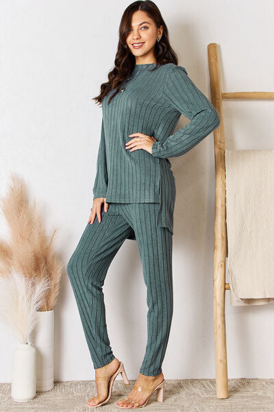 Ribbed Round Neck High-Low Slit Top and Pants Set - 4 colors