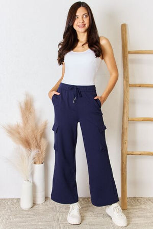 RISEN Drawstring Relaxed Cargo Wide Leg Pants Navy