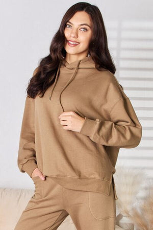 RISEN Drawstring Drop Shoulder Long Sleeve Hoodie Mocha