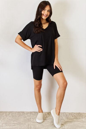 Zenana V Neck Short Sleeve Slit T-Shirt and Shorts Set Buttery Soft Black