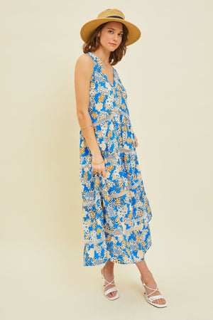 Printed Crochet Trim Maxi Dress in Blue Floral