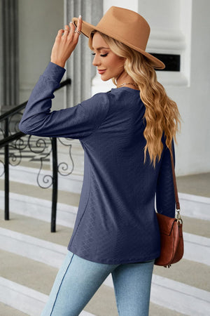 Notched Neck Textured Long Sleeve Buttoned Blouse - 8 colors