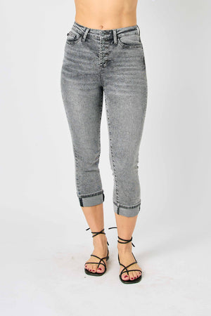 Judy Blue High Waist Button Fly Cuffed Capris in Gray