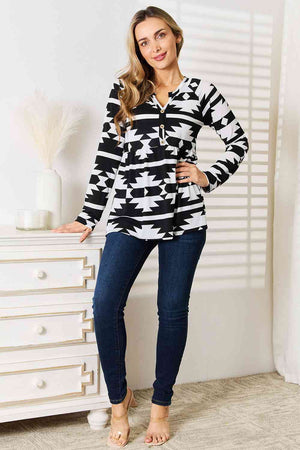 Heimish Geometric Notched Neck Long Sleeve Top