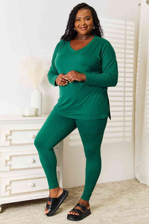 Zenana Lazy Days Long Sleeve Top and Leggings Set Dark Green
